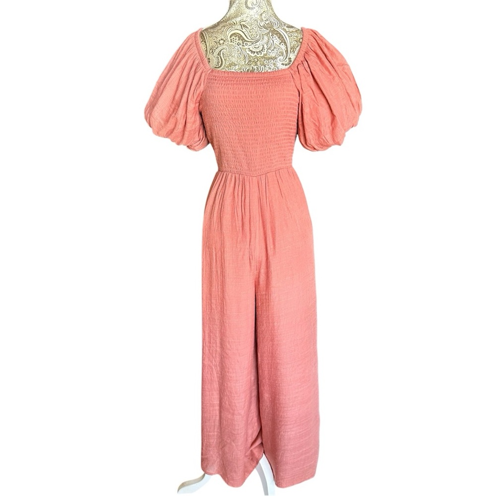 Linen Style Coral Smocked Puff Sleeve Jumpsuit Size Medium Crinkle Wide Leg